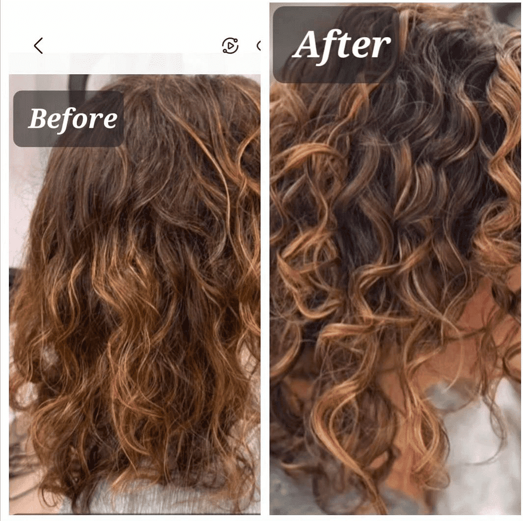 Curly hair transformation shown in side-by-side before and after images.