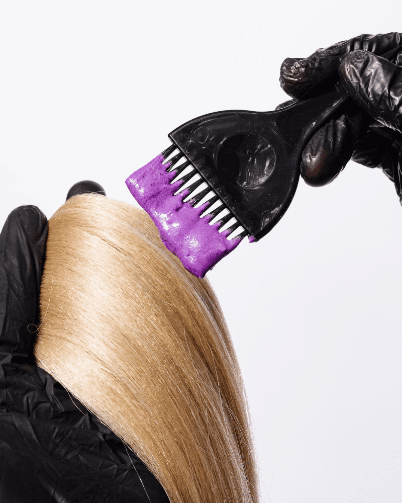 Hairdresser applying purple dye to blonde hair with a brush, wearing black gloves.